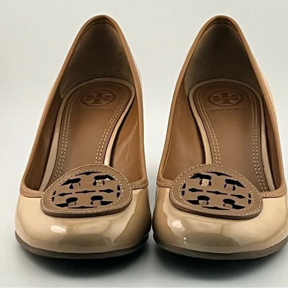 Tory Burch Louisa 7.5 Wedge Wrapped Heels Tan Brown Patent Leather Pump Shoes - Picture 6 of 14